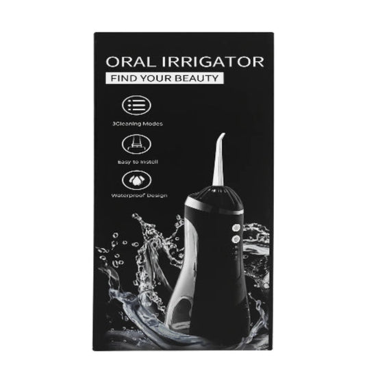 Box of an oral irrigator with branding and product features on a white background
