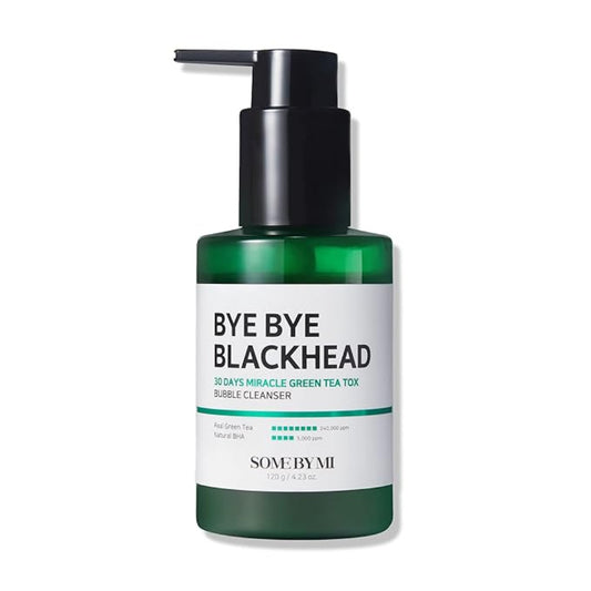 Bottle of 'Bye Bye Blackhead' cleanser with green and white label on a white background