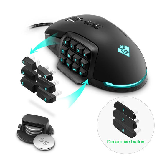 Black gaming mouse with number pad and interchangeable buttons on a white background