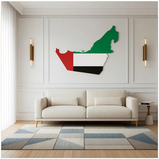 Living room with a white sofa, geometric rug, and wall art of the United Arab Emirates flag.
