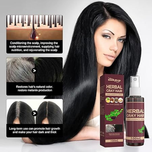Woman with long black hair next to a bottle and box of Herbal Gray Hair product with text on its benefits.