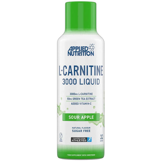 Applied Nutrition L-Carnitine 3000 Liquid bottle with green cap and label on a white background