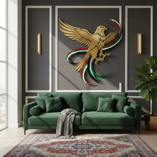 Green sofa in a living room with a large wall art of a golden eagle.